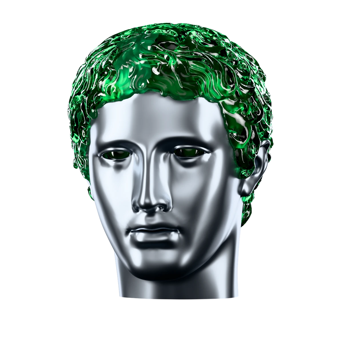 Talos from the front: a titanium face with emerald glass curls and eyes